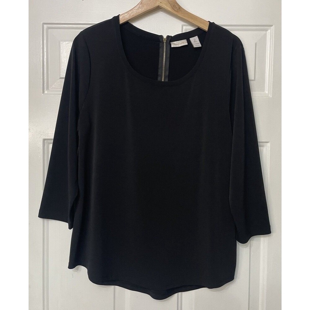 Chicos Travelers Knit & Woven Zip Top Size 2 US Large Black 3/4 Sleeves